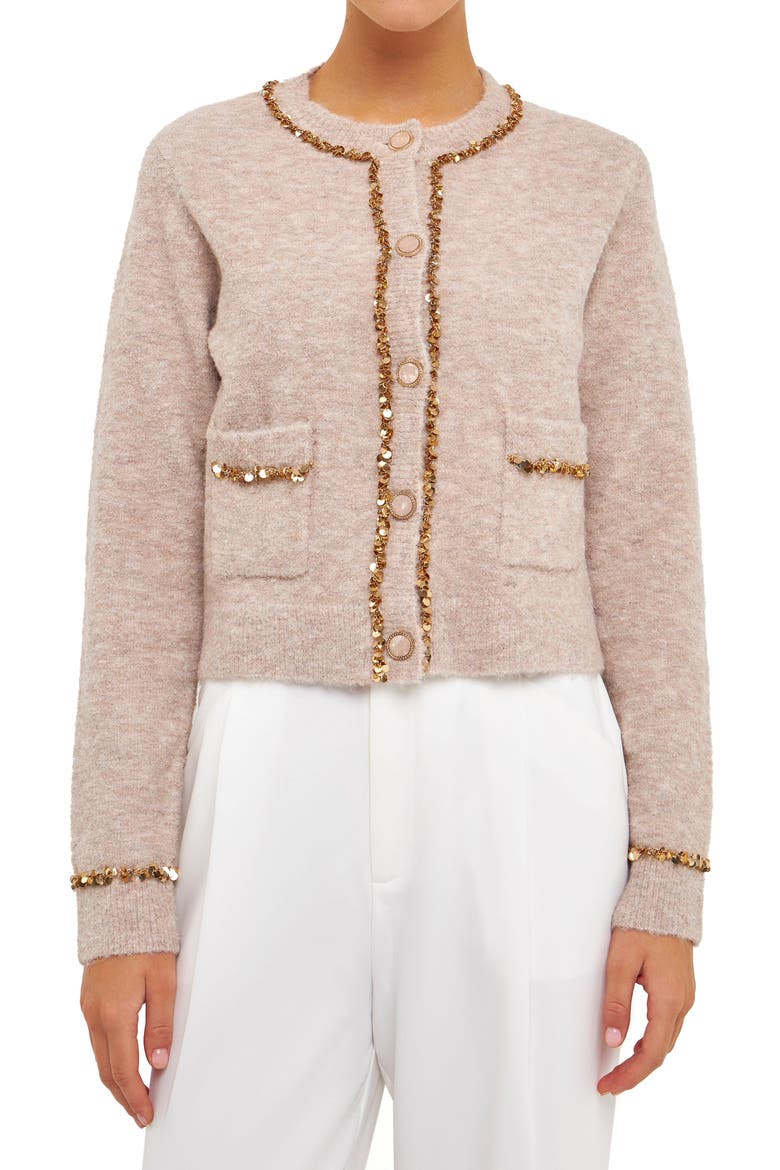 Sequin Trim Cardigan, Alternate, color, TAUPE