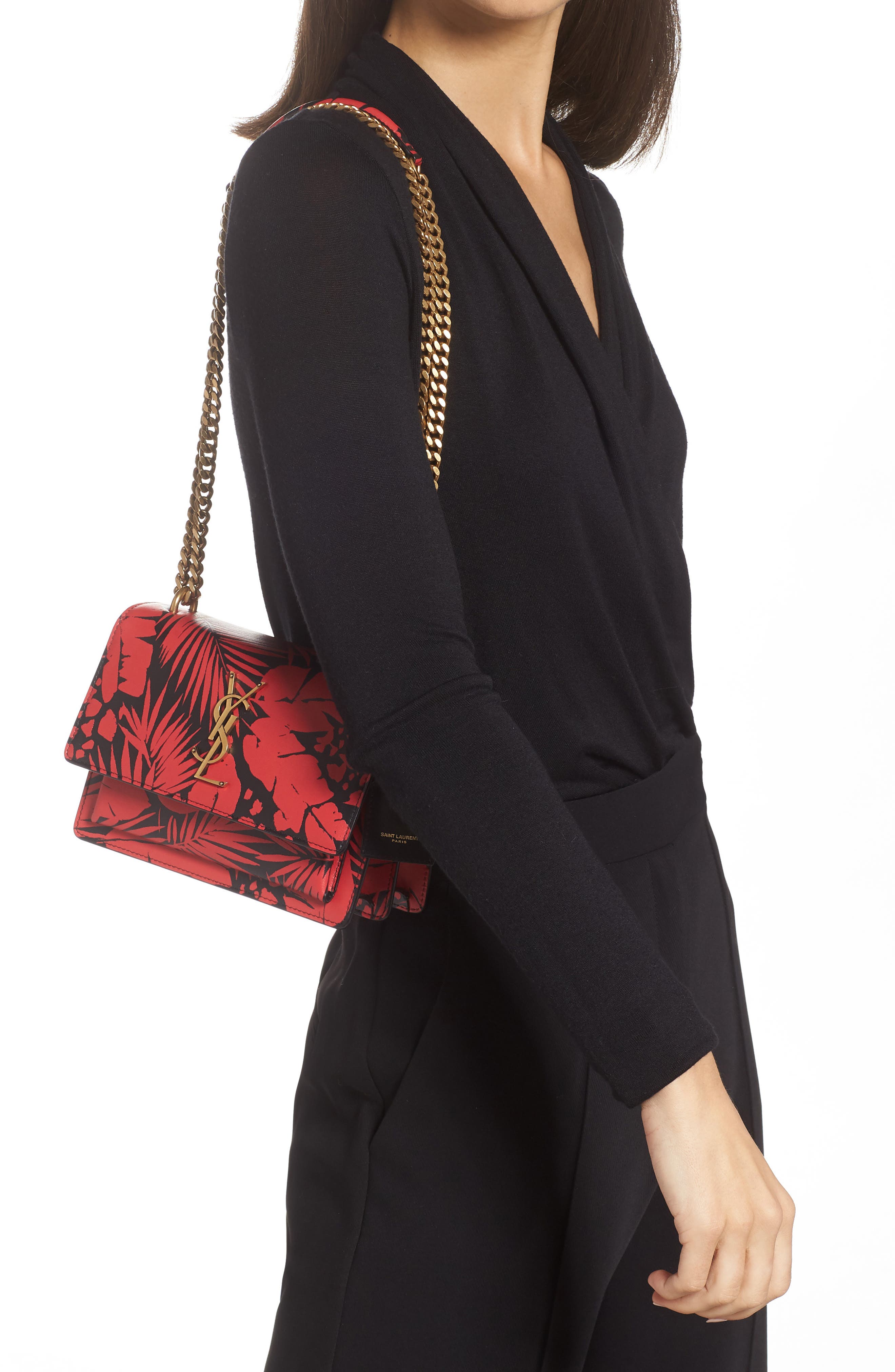 Saint Laurent Small Sunset Tropical Print Leather Shoulder Bag, Alternate, color, 