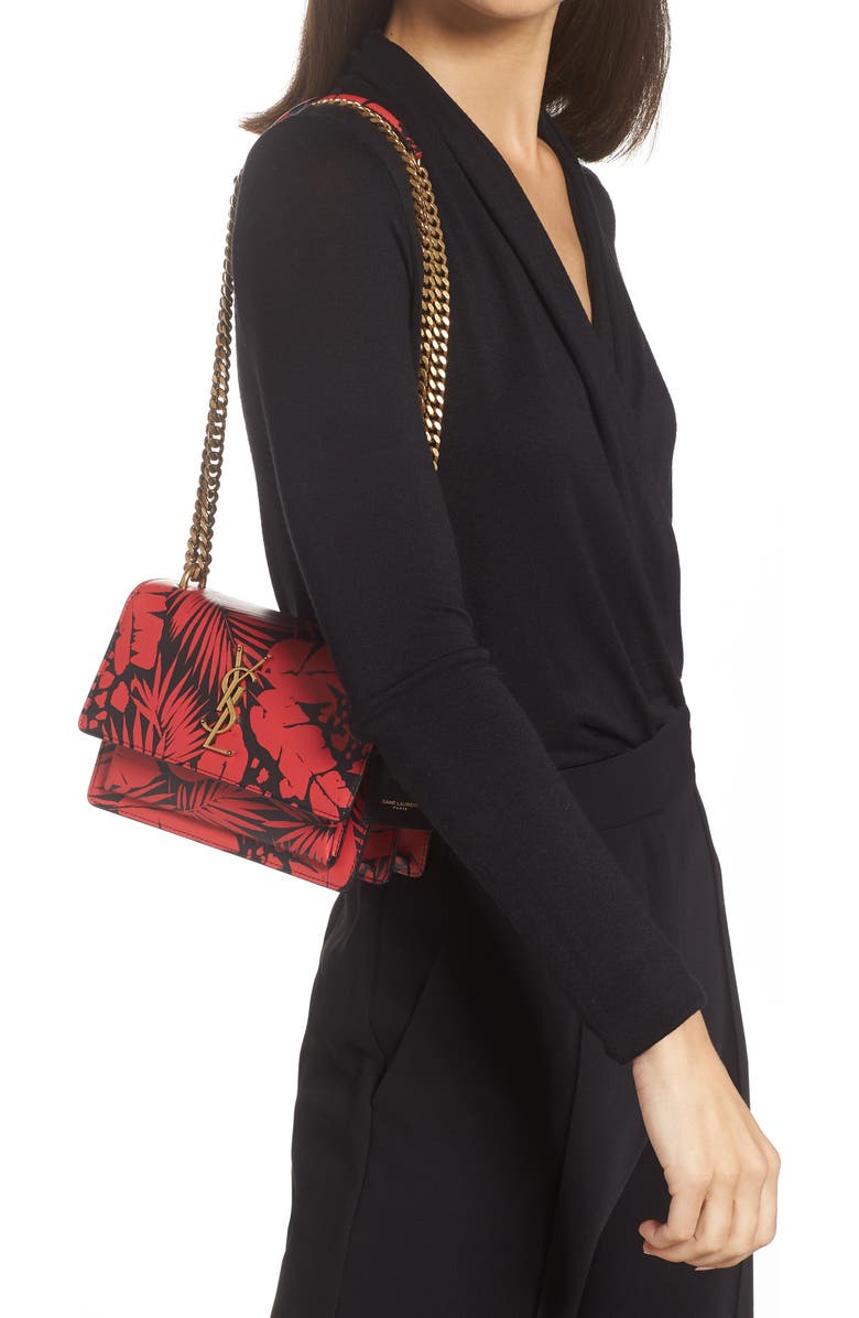 Saint Laurent Small Sunset Tropical Print Leather Shoulder Bag, Alternate, color,