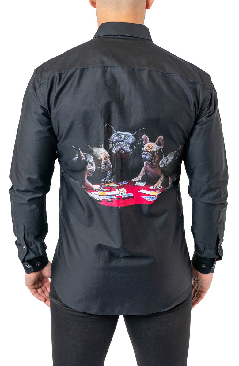 Maceoo Fibonacci Poker Dogs Cotton Button-Up Shirt, Alternate, color, Black