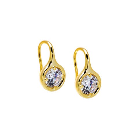 CZ Rounded Bezel Fish Hook Huggie Earring