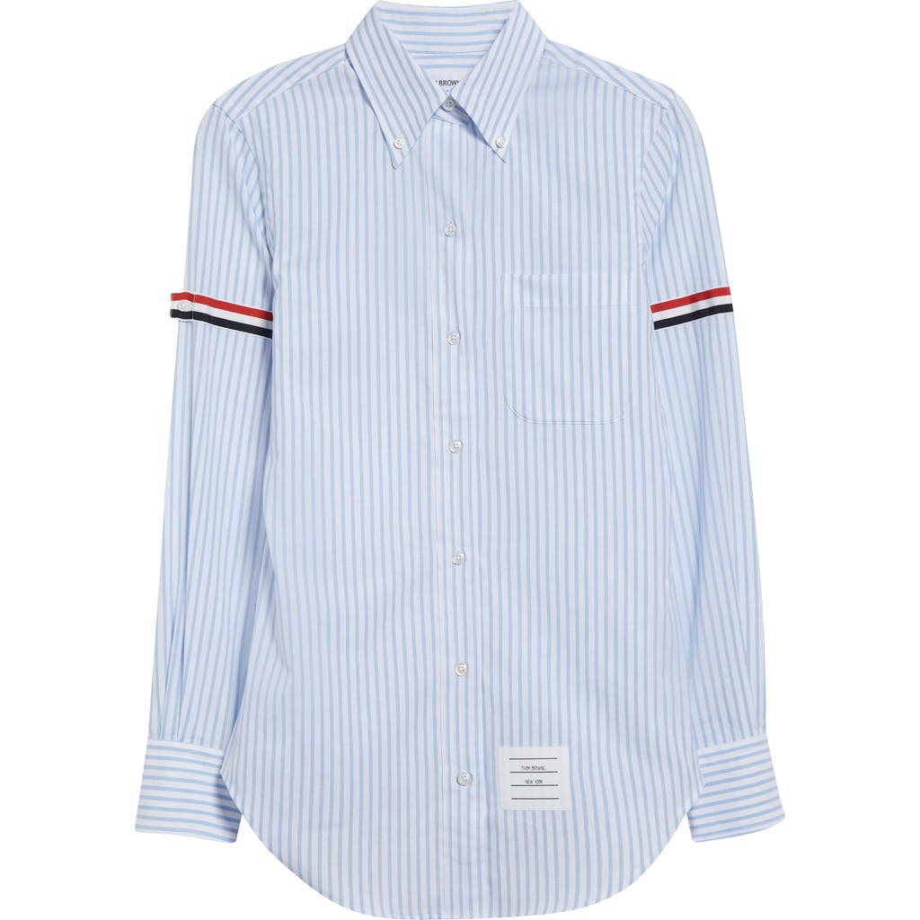 Thom Browne Long-sleeved Vertical Stripe Shirt With Signature Detailing In Blue