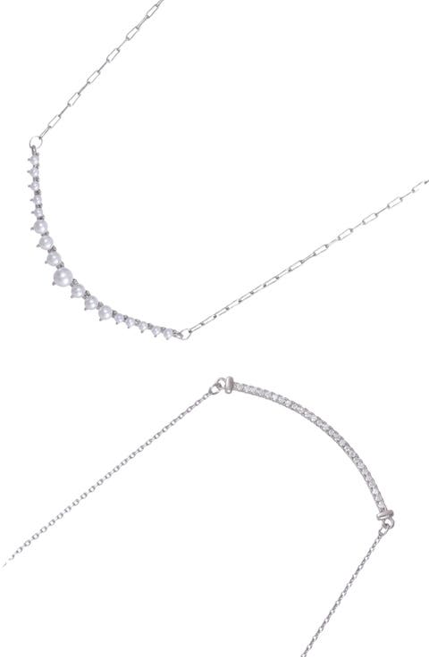 Set of 2 Faux Pearl & Crystal Curved Bar Necklaces