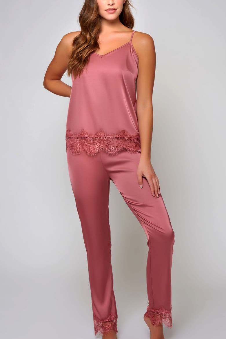 Stretch Satin Lace-Trim Pajama Set, Main, color, Wine