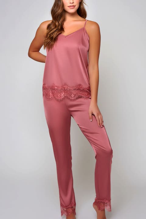 Stretch Satin Lace-Trim Pajama Set