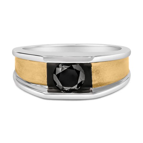 Men's 14K Yellow Gold Plated Sterling Silver 1.0 Cttw Round Black Diamond Band Ring