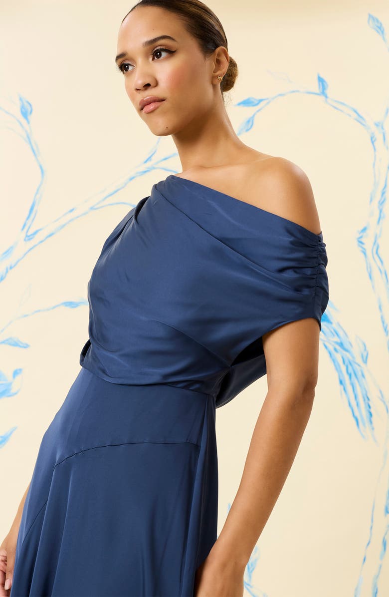 Maggy London Asymmetric Neck & Hem Satin Cocktail Midi Dress, Alternate, color, Ensign Blue