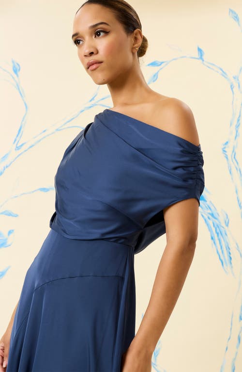 Maggy London Asymmetric Neck & Hem Satin Cocktail Midi Dress In Ensign Blue