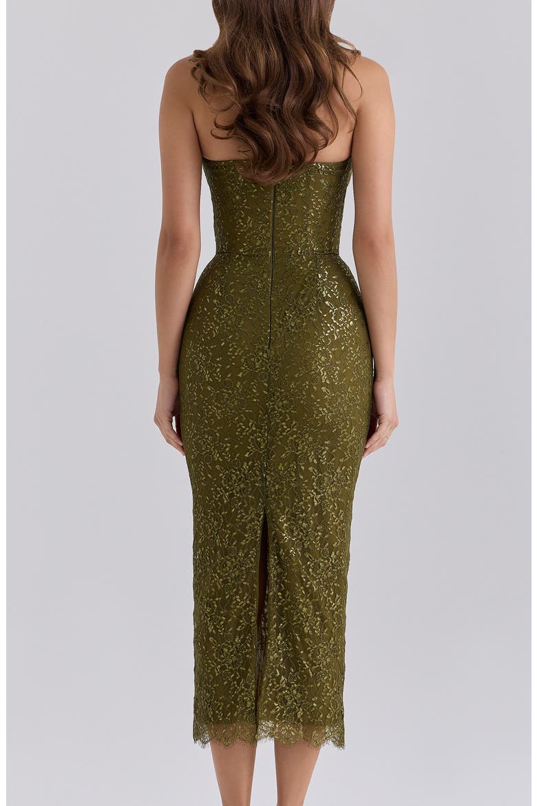 Alexia Metallic Floral Lace Strapless Midi Dress, Alternate, color, OLIVE
