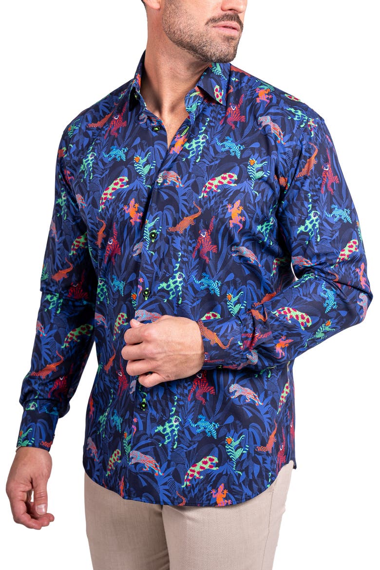 Fibonacci Ascension 0213 Jungle Print Contemporary Fit Button-Up Shirt, Alternate, color, BLUE