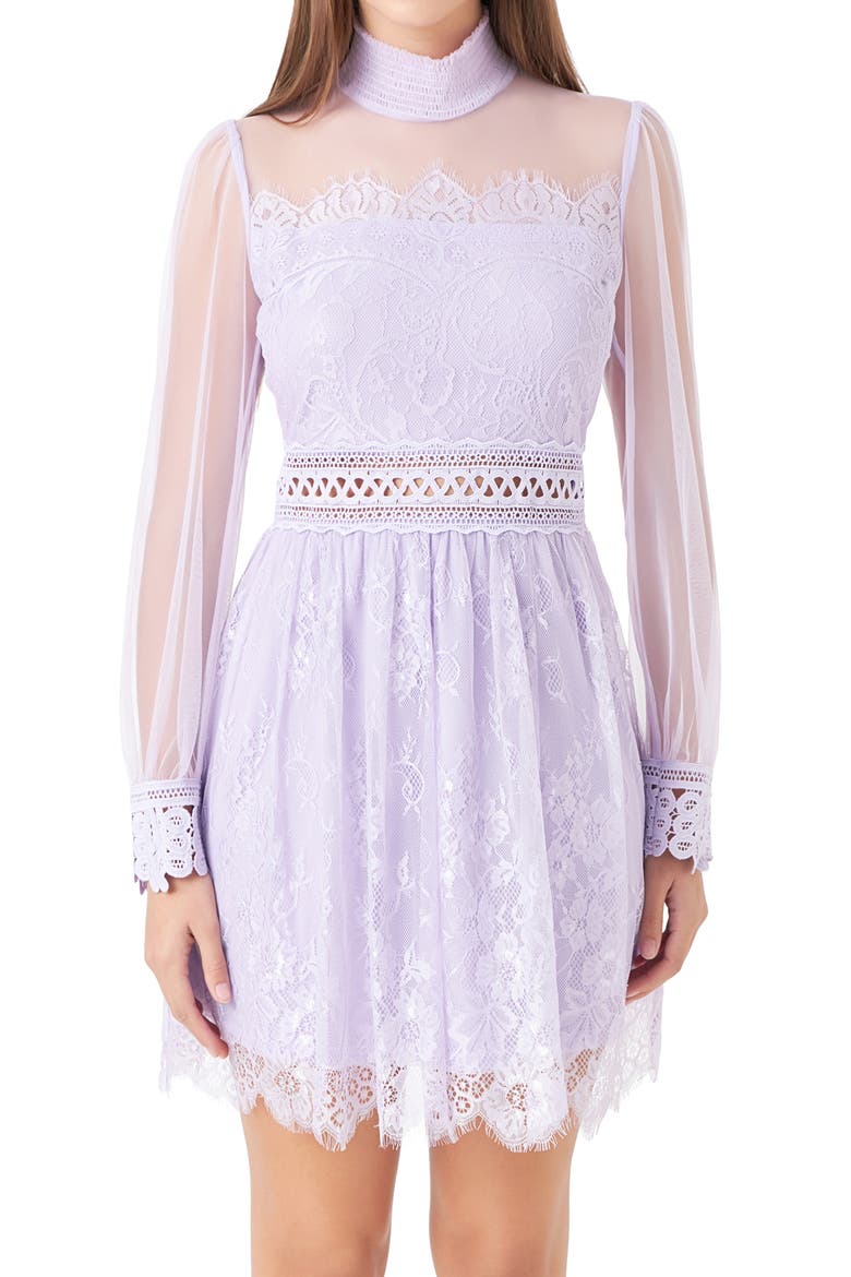 Mixed Lace Long Sleeve Cocktail Dress, Alternate, color, LILAC