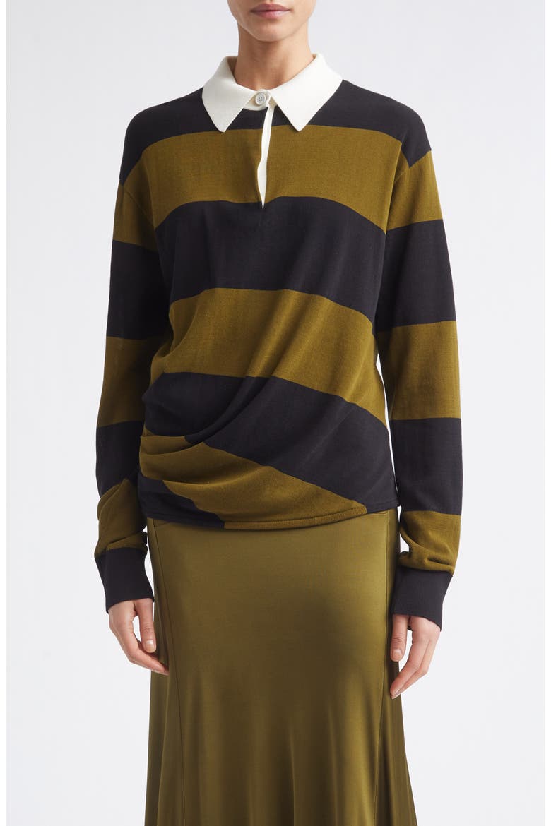 Corinna Stripe Ruched Cotton Rugby Shirt, Main, color, BLACK MULTI