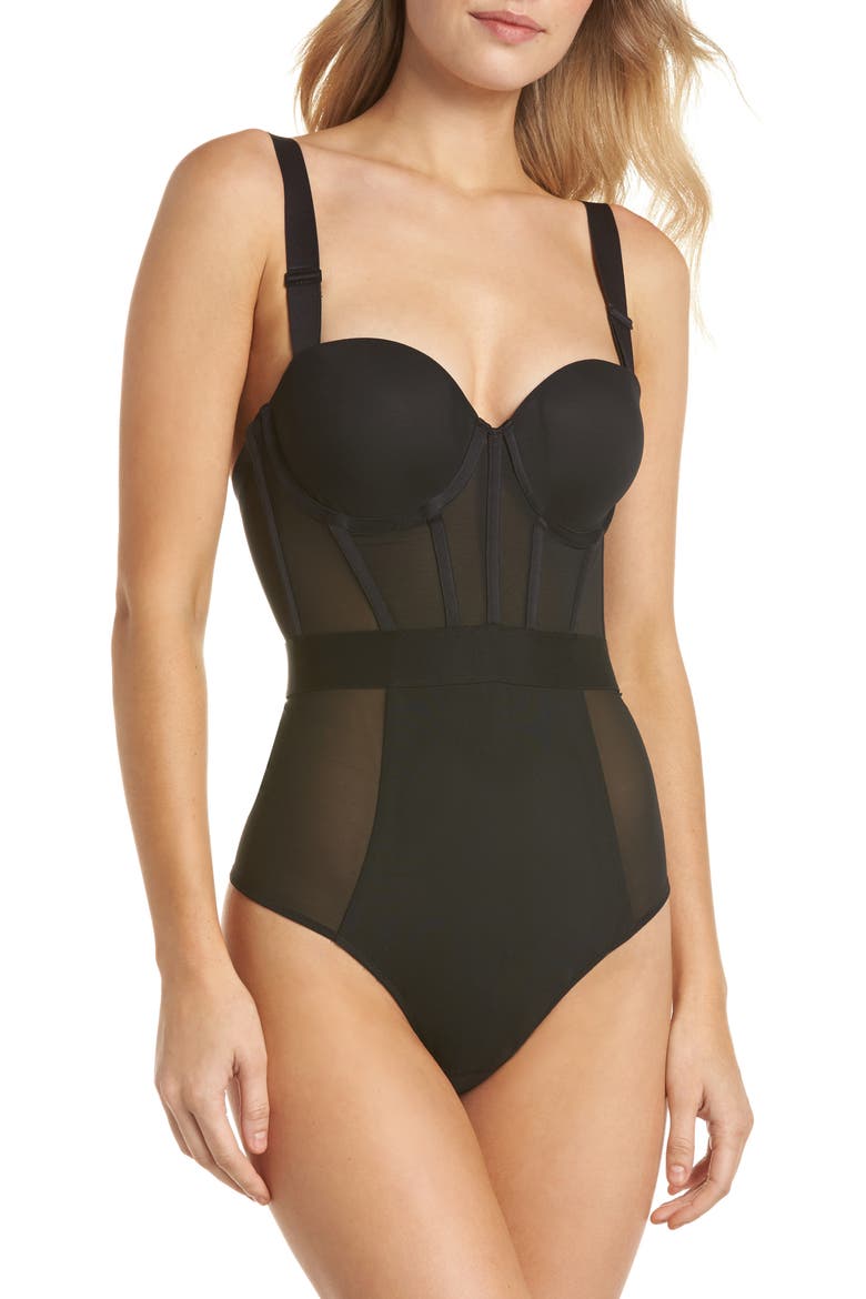 Sheers Strapless Underwire Bodysuit, Alternate, color, DK BLACK