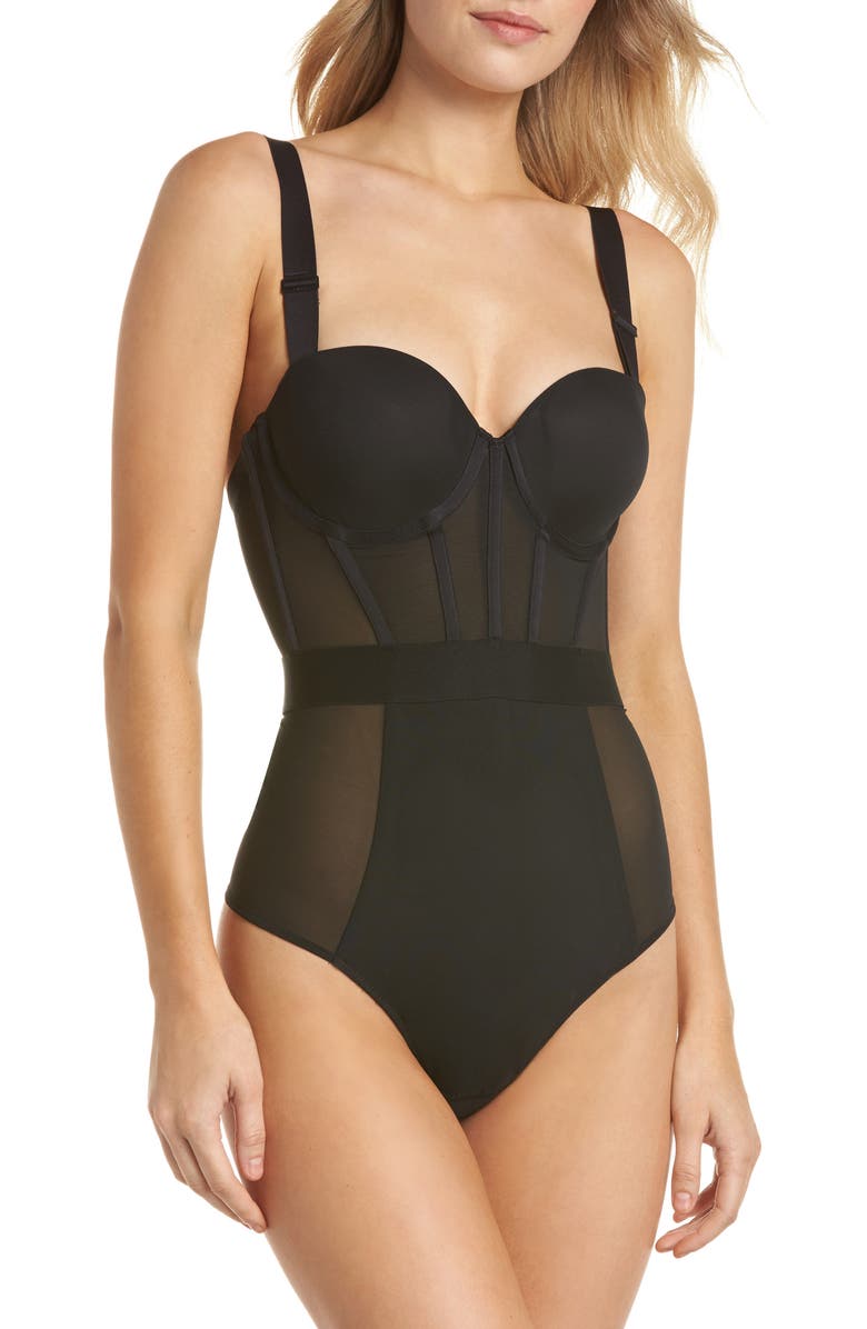 DKNY Sheers Strapless Underwire Bodysuit, Alternate, color, Dk Black