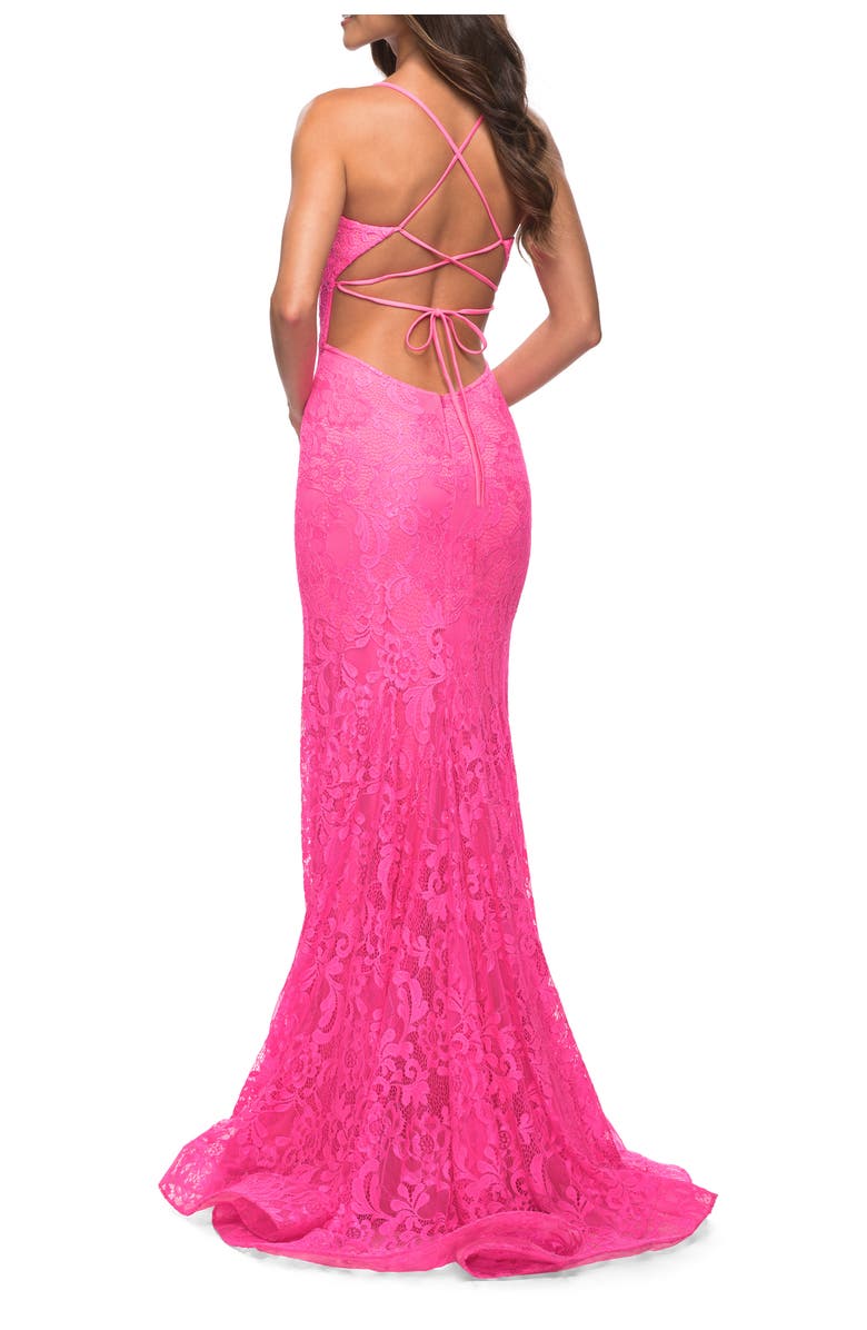 La Femme Neon Lace Prom Gown With Sheer Bodice and Tie Up Back, Alternate, color, Neon Pink