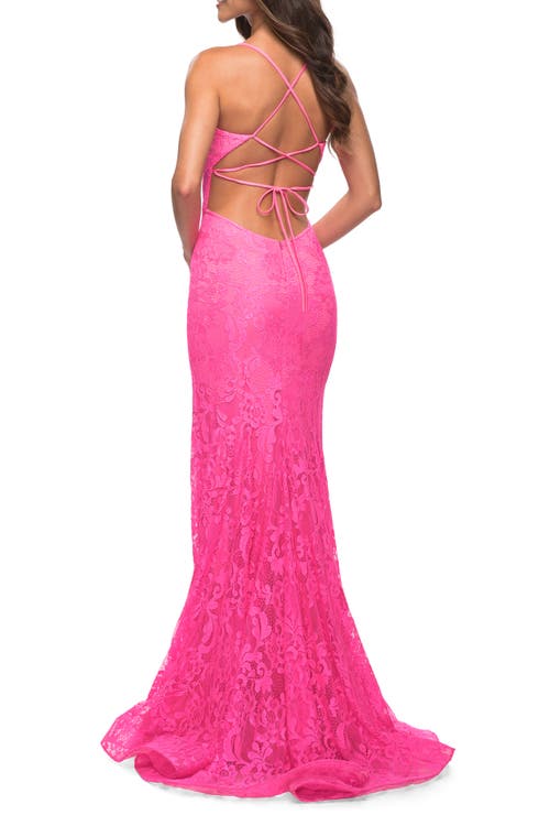 La Femme Neon Lace Prom Gown With Sheer Bodice And Tie Up Back