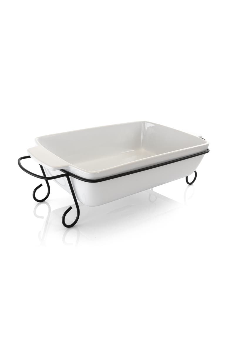 2 Piece Rectangle 15.5 Inch Stoneware Bakeware with Metal Rack, Alternate, color, White