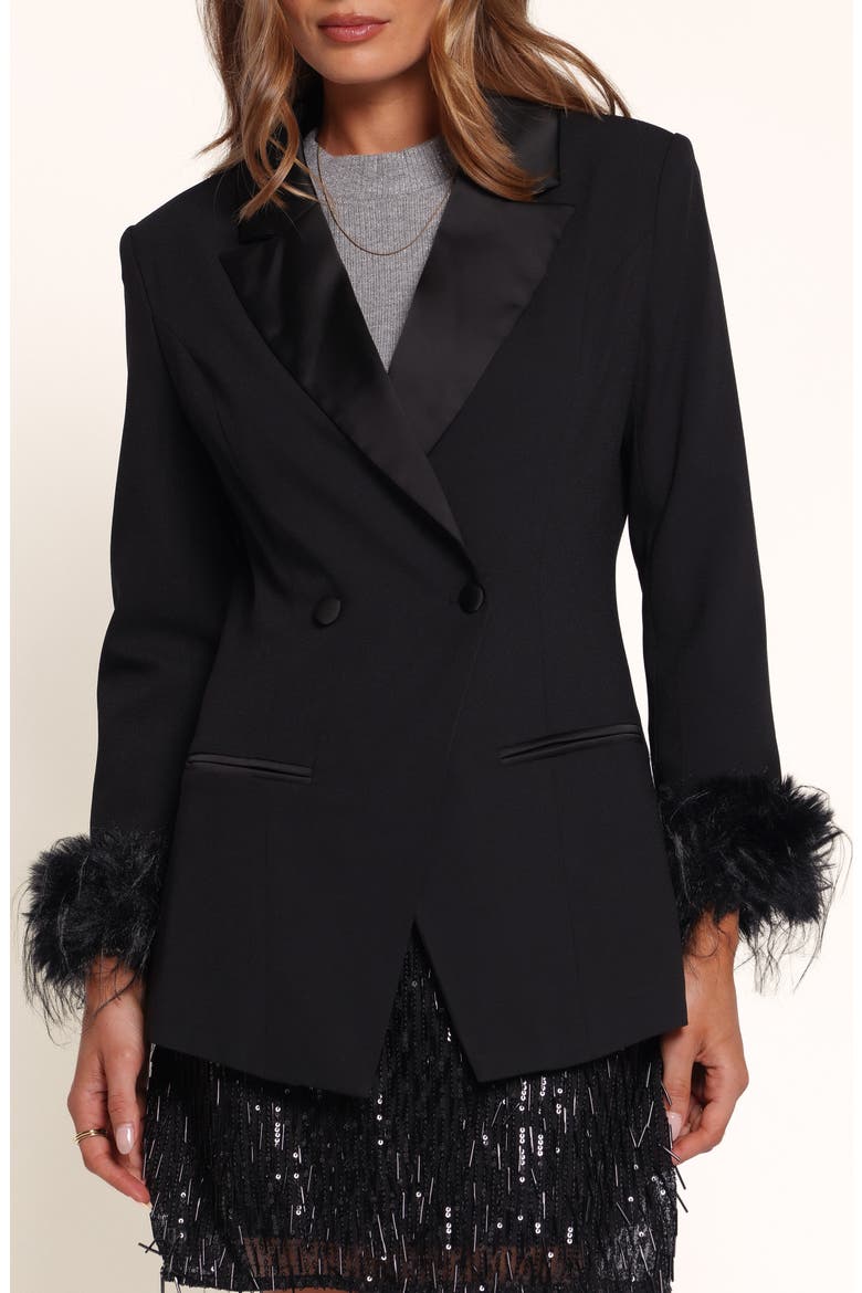 Coco Feather Trim Blazer, Main, color, BLACK