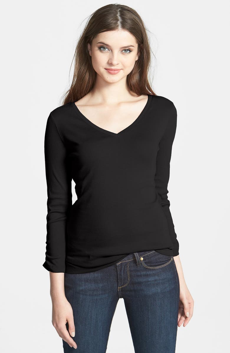 Caslon<sup>®</sup> Ruched Three Quarter Sleeve V-Neck Tee, Main, color,