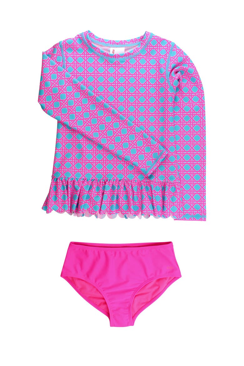 Scallop Hem Long Sleeve Rash Guard 2-Piece Bikini Swimsuit, Main, color, Neon Sorbet Cane