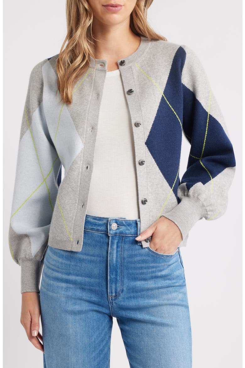 Argyle Balloon Sleeve Cardigan, Alternate, color, GREY MIST HEATHER MULTI