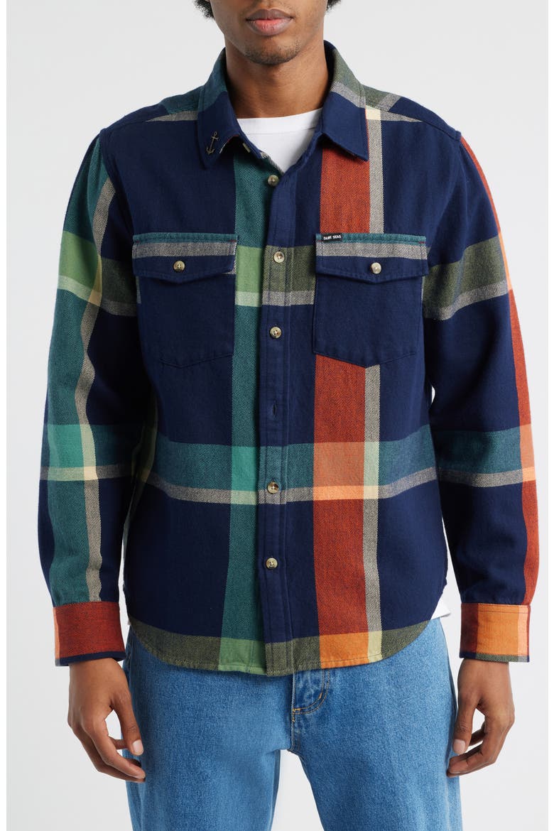 Mojave Plaid Cotton Flannel Button-Up Shirt, Alternate, color, NAVY
