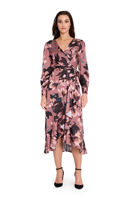Tahari Asl Floral Long Sleeve Satin Faux Wrap Dress In Brown
