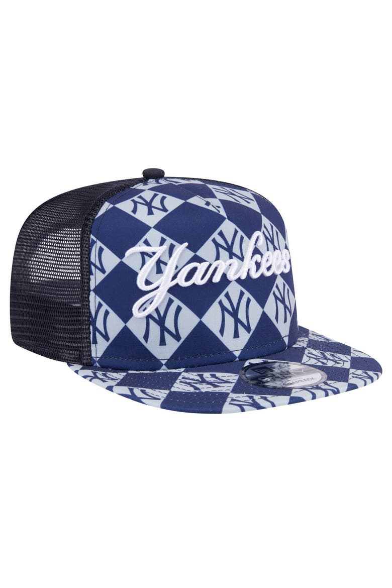 Men's New Era Navy New York Yankees Seeing Diamonds A-Frame Trucker 9FIFTY Snapback Hat, Alternate, color, Navy