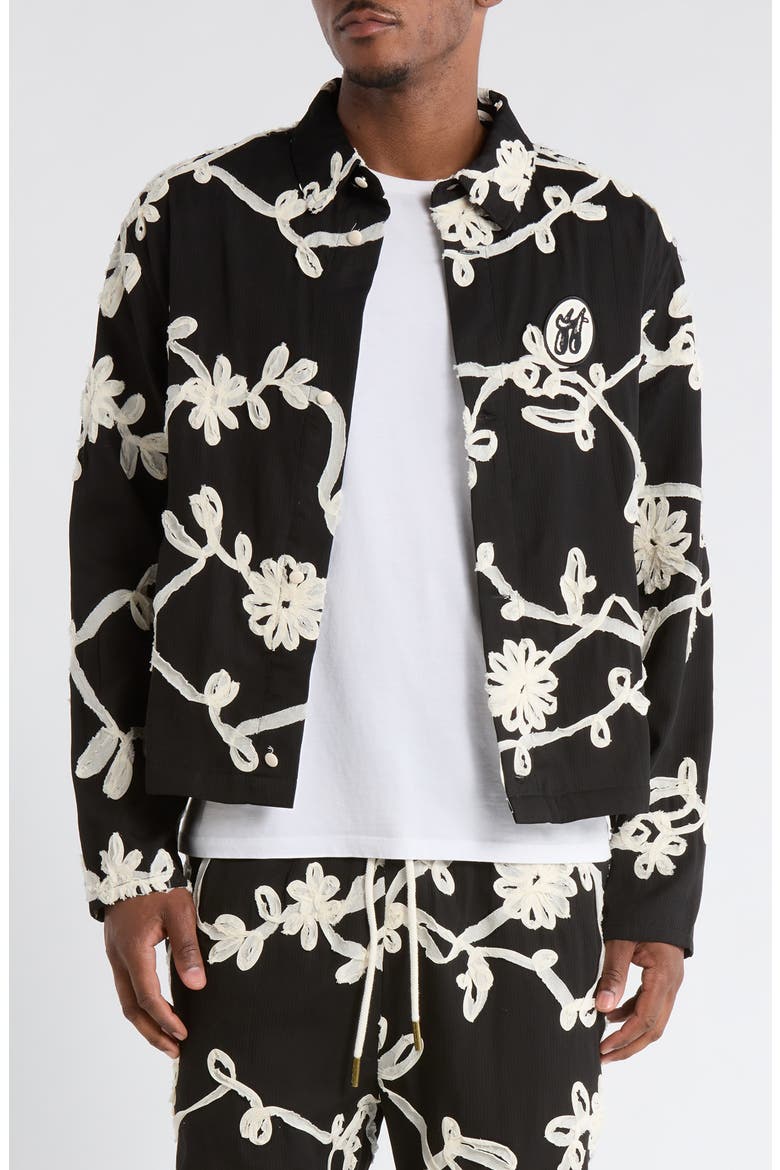 Floral Ribbon Cotton Blend Jacket, Main, color, BLACK
