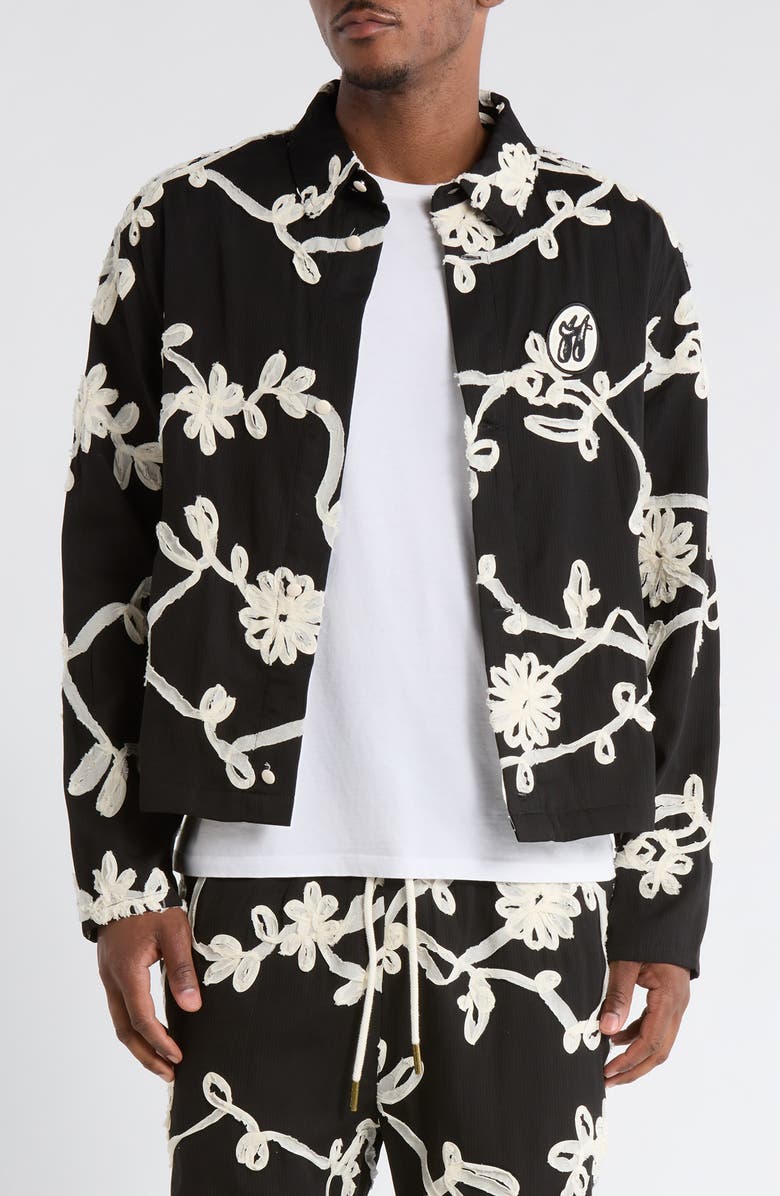 HONOR THE GIFT Floral Ribbon Cotton Blend Jacket, Main, color, Black