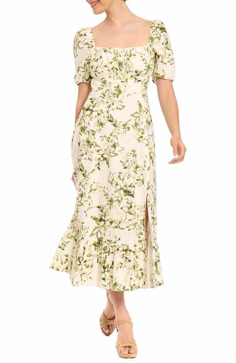 London Times Floral Puff Sleeve Linen Blend Midi Dress