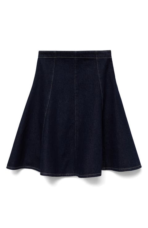 Pleated A-Line Denim Skirt