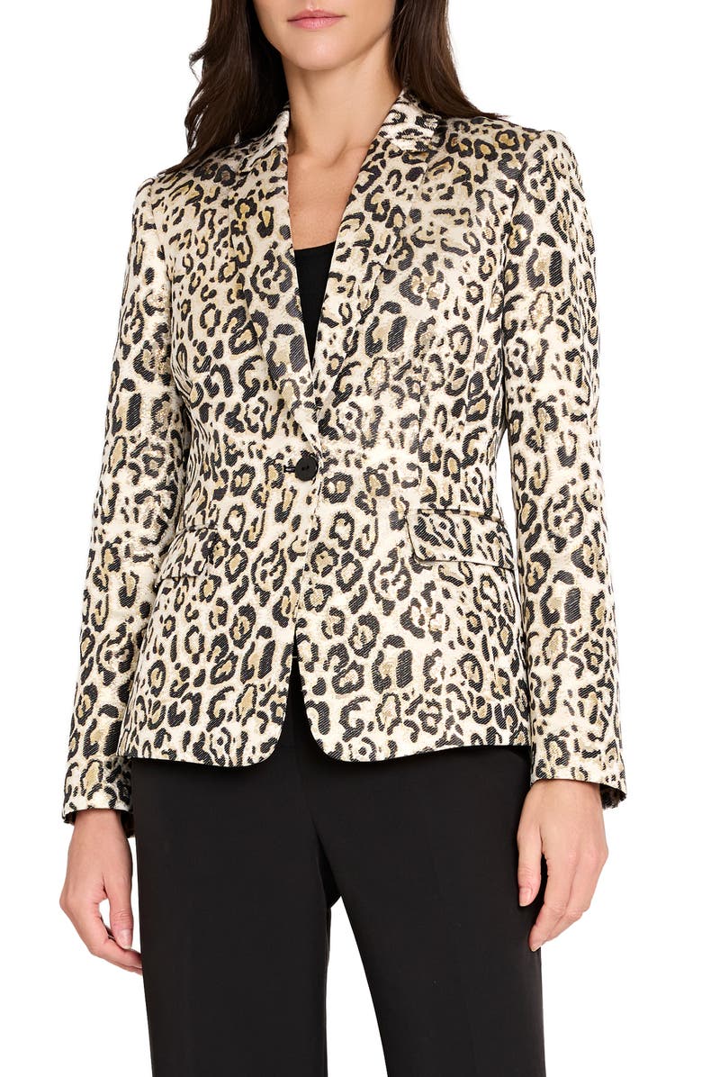 Tahari ASL Leopard Print Metallic Blazer, Main, color, Gold Leopard