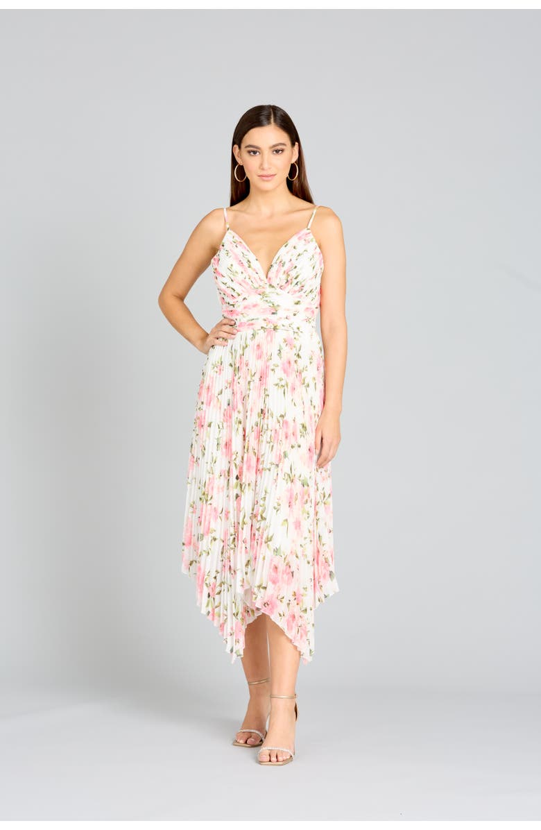 LARA New York V-Neck Printed Midi Length Dress with Pleats, Main, color, Whiterose