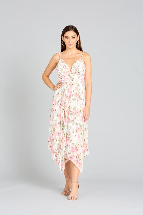 V-Neck Printed Midi Length Dress with Pleats