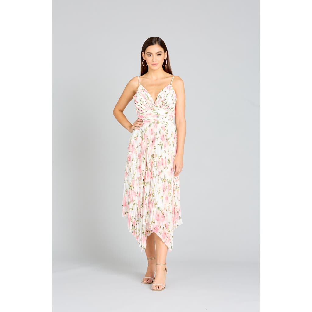 Lara New York V-neck Printed Midi Length Dress With Pleats In Whiterose