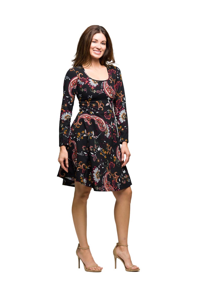 Paisley Print Long Sleeve Fit and Flare Dress, Alternate, color, Black Multi