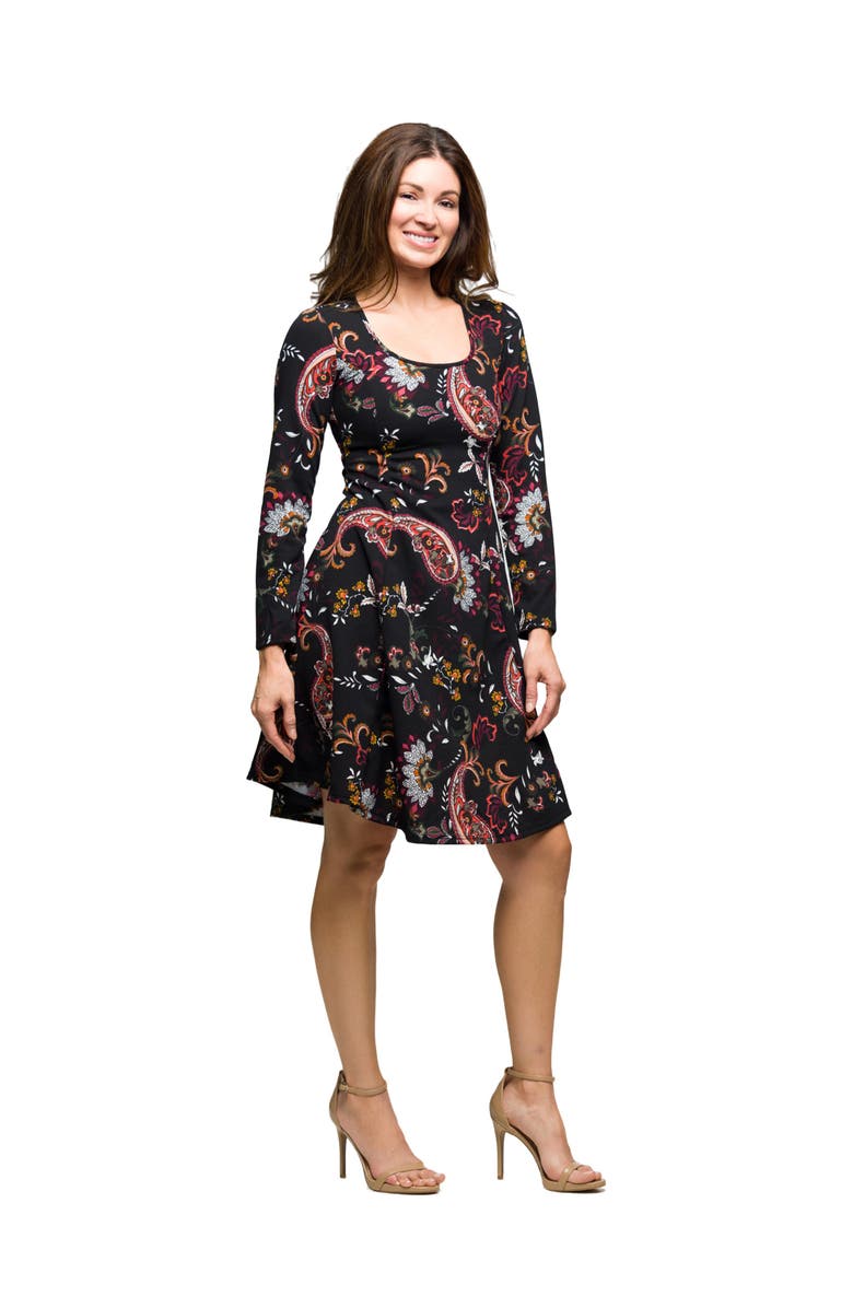 24seven Comfort Apparel Paisley Print Long Sleeve Fit and Flare Dress, Alternate, color, Black Multi