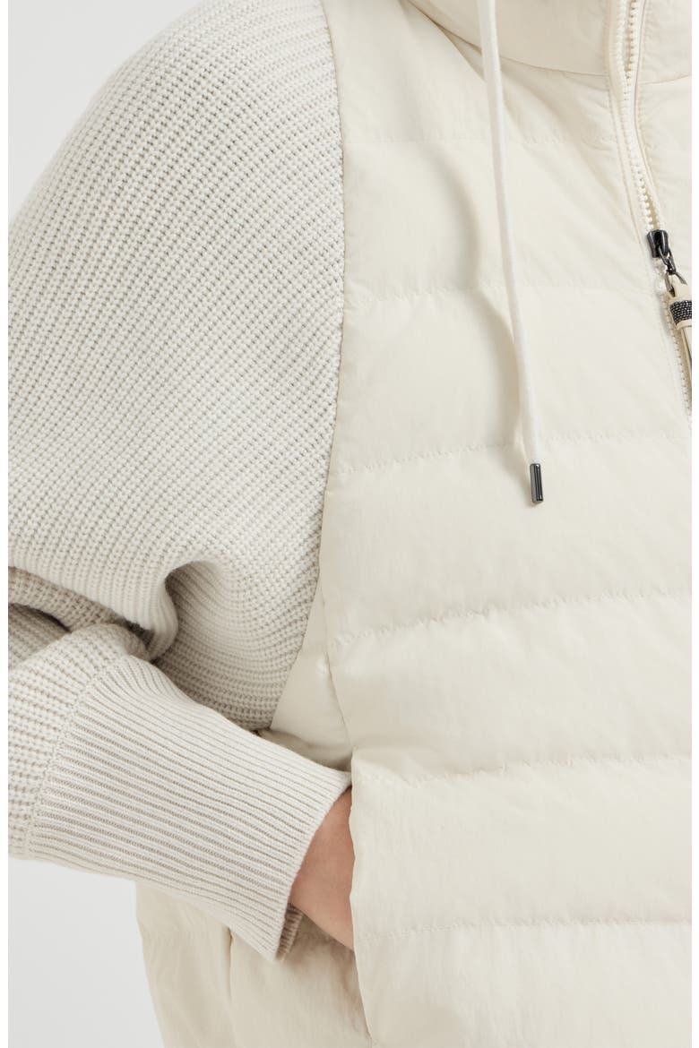 Water-resistant matte nylon hooded down jacket with knit sleeves and monili, Alternate, color, White
