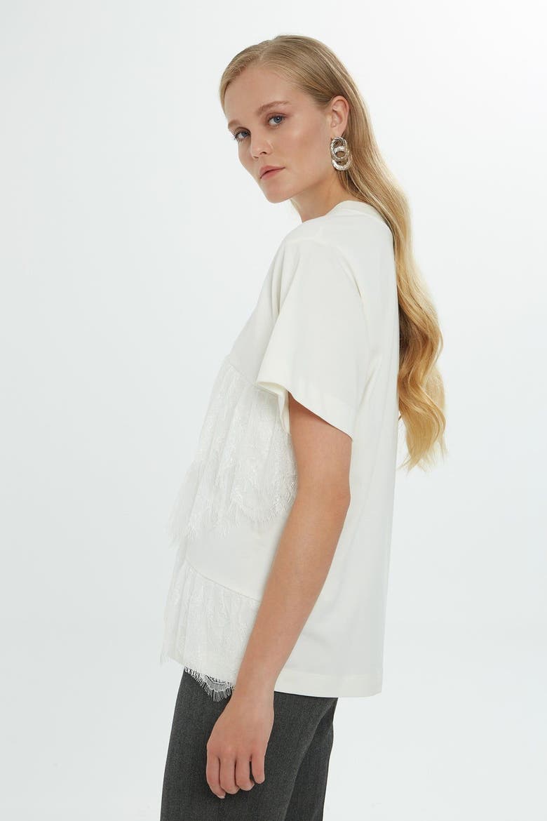 Lace Detail Short Sleeve Off-White Cotton Blouse, Alternate, color, Ecru