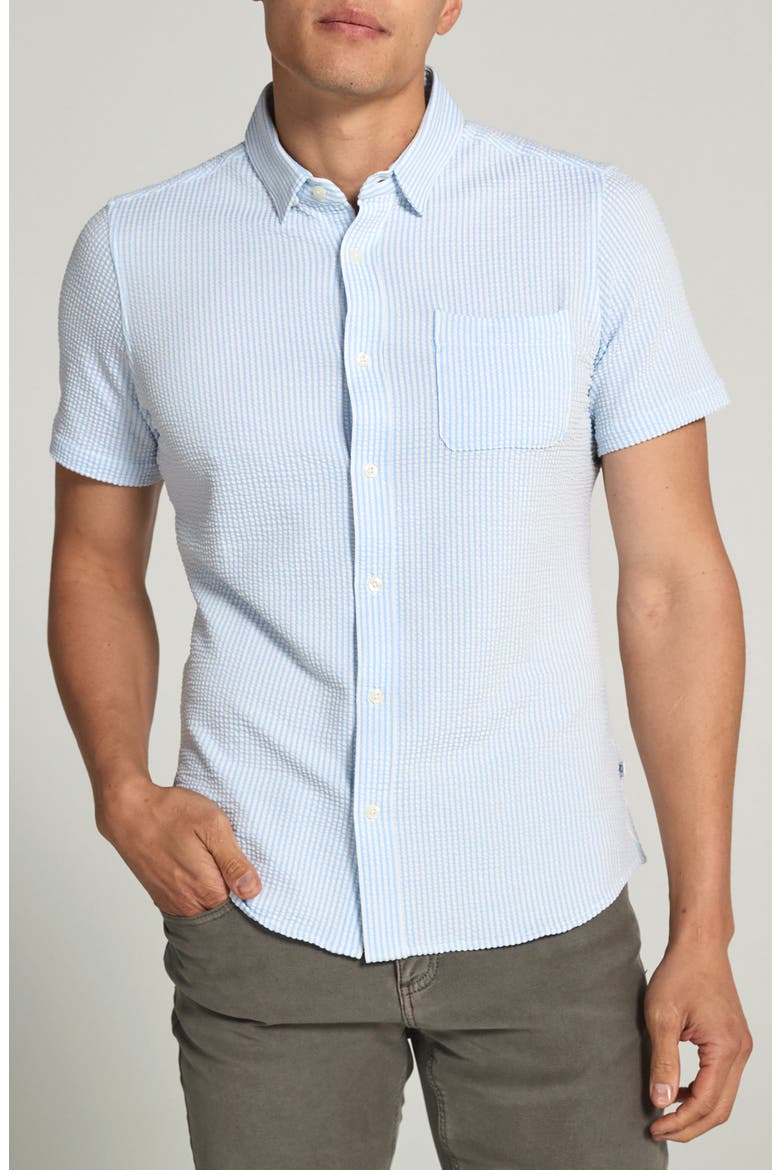 Keaton Stripe Seersucker Short Sleeve Button-Up Shirt, Main, color, BLUE