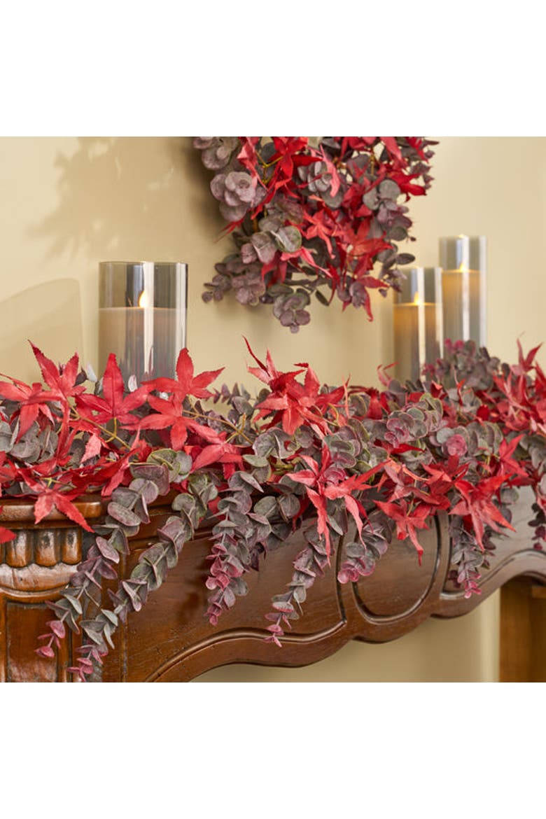 Autumn Evenings - Red Japanese Maple Leaf & Dusty Wine Botanical Eucalyptus Fall Mantle Garland Table Runner, Alternate, color, Red