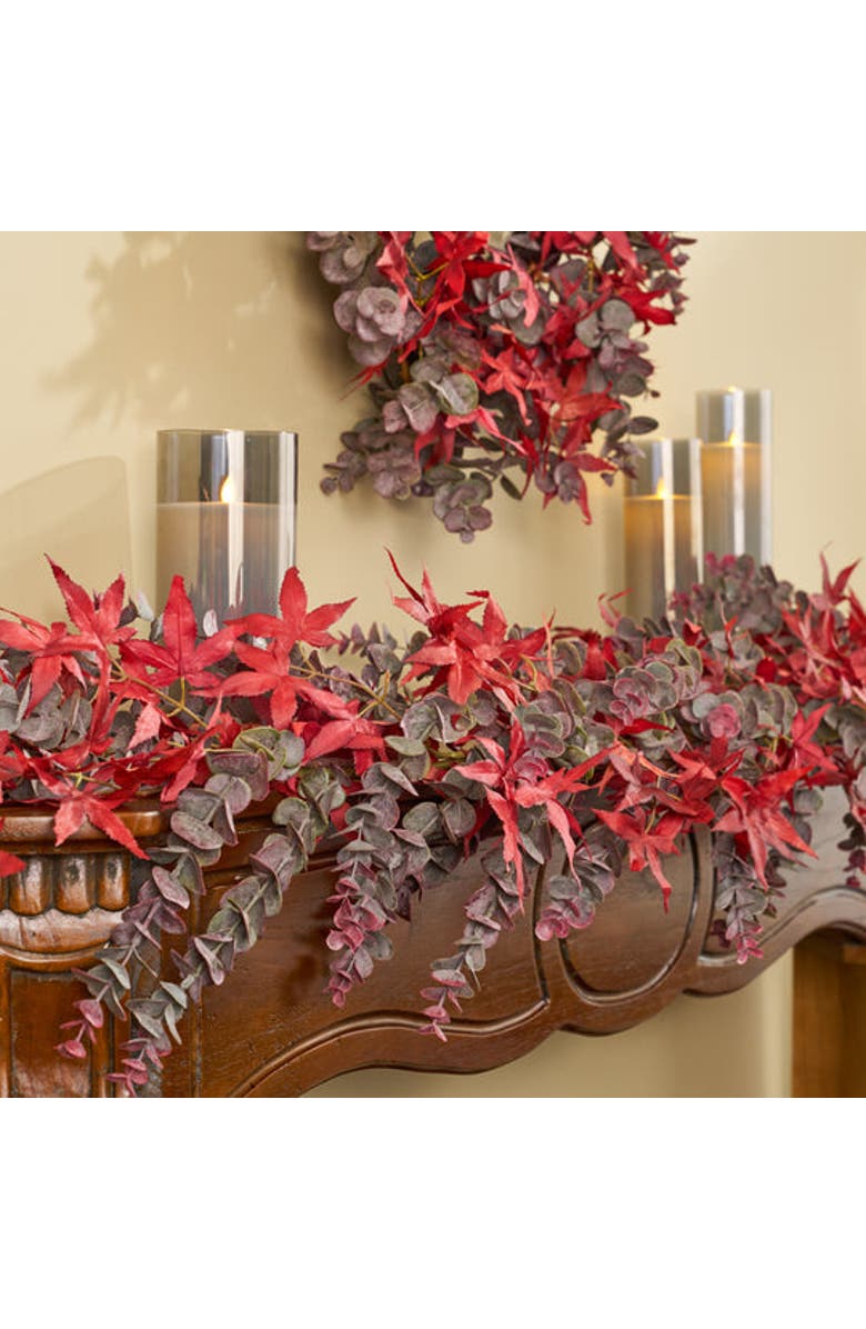 Darby Creek Trading Autumn Evenings - Red Japanese Maple Leaf & Dusty Wine Botanical Eucalyptus Fall Mantle Garland Table Runner, Alternate, color, Red