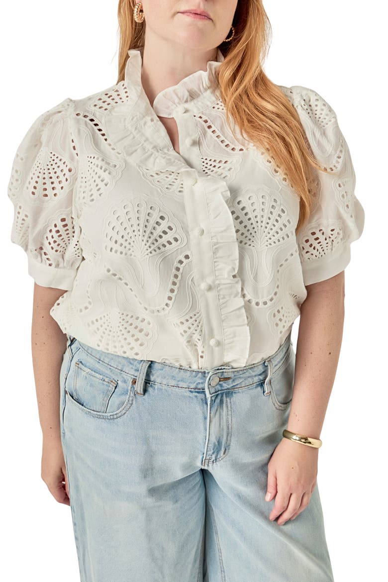 Embroidered Ruffle Short Sleeve Eyelet Shirt, Main, color, WHITE