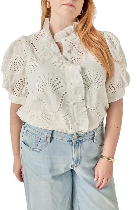 Embroidered Ruffle Short Sleeve Eyelet Shirt
