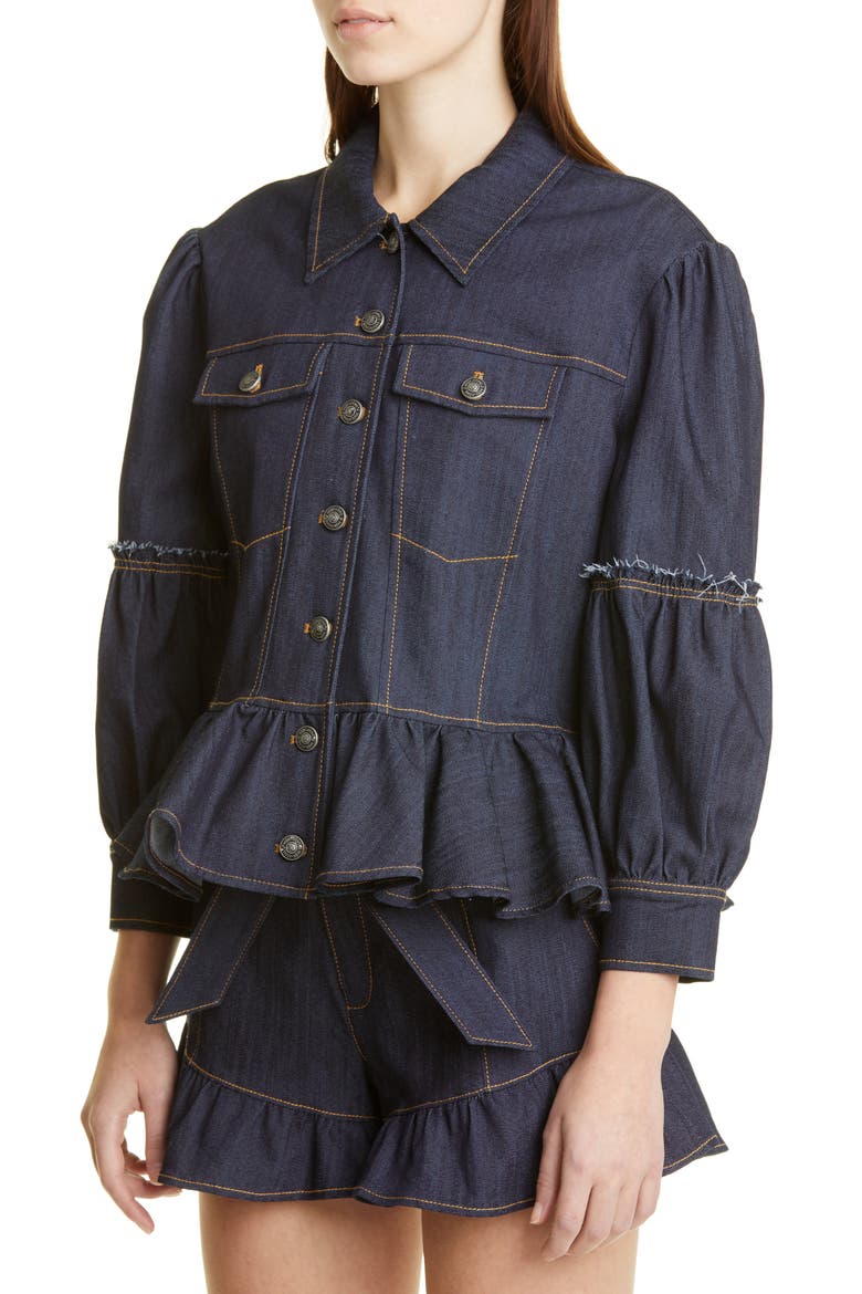 Lizzie Peplum Denim Jacket, Alternate, color, INDIGO