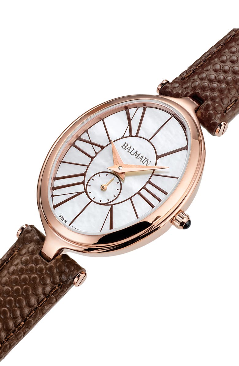 Balmain Haute Elegance Oval Leather Strap Watch, 26mm x 32mm, Alternate, color, Yellow Gold Brown