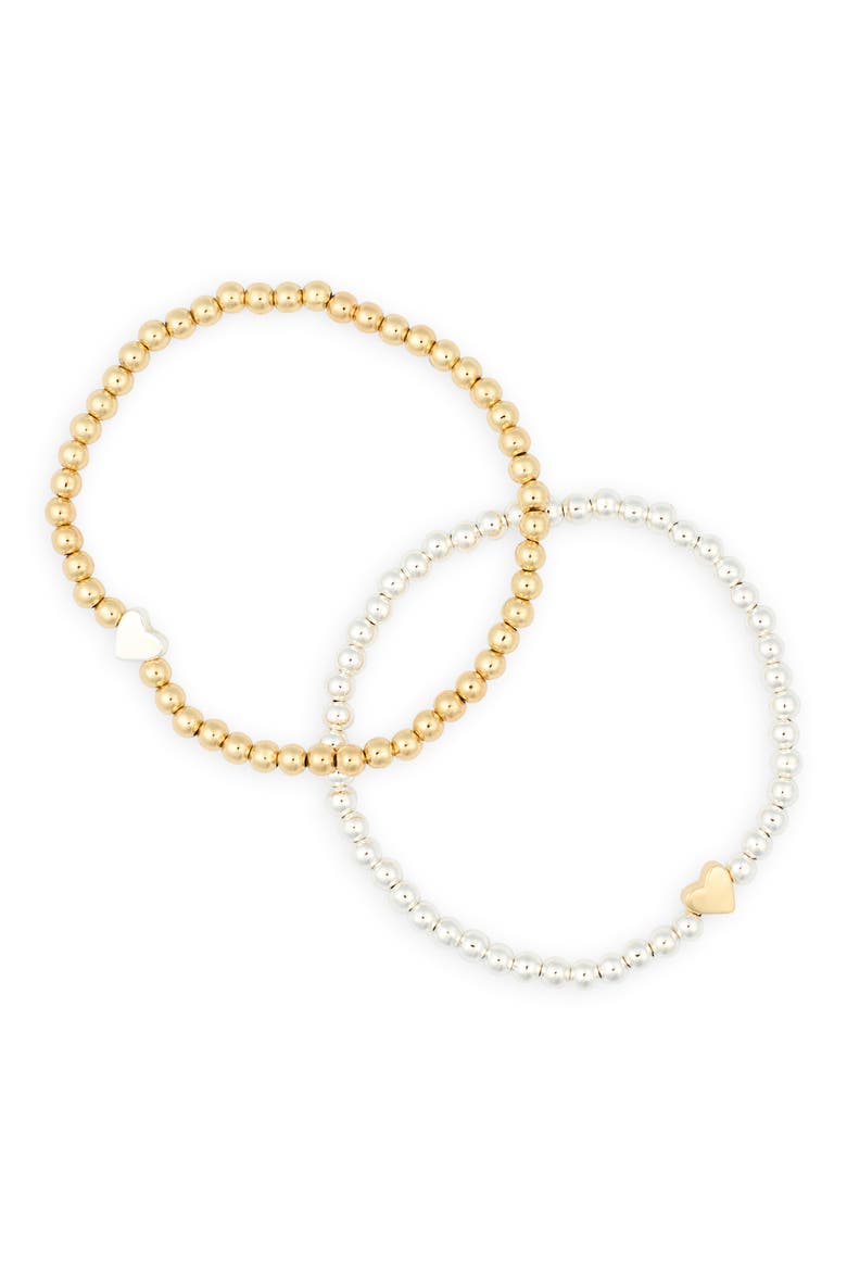 Set of 2 Bead Heart Bracelets, Alternate, color, GOLD- SILVER