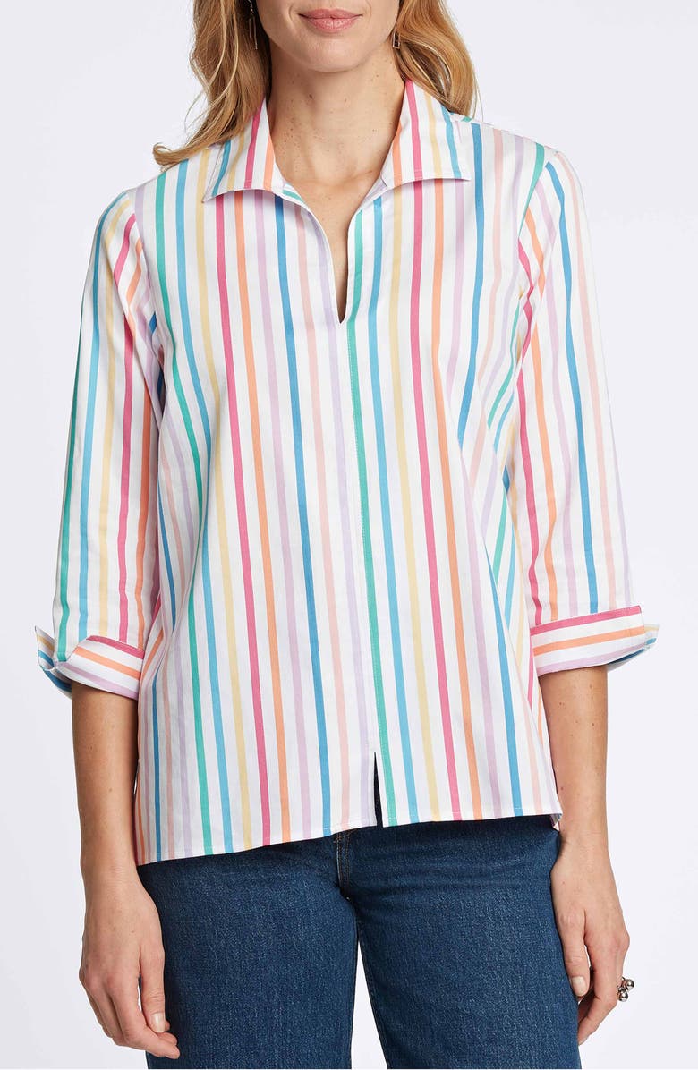 Foxcroft Agnes Rainbow Stripe Three-Quarter Sleeve Cotton Popover Top, Main, color, 