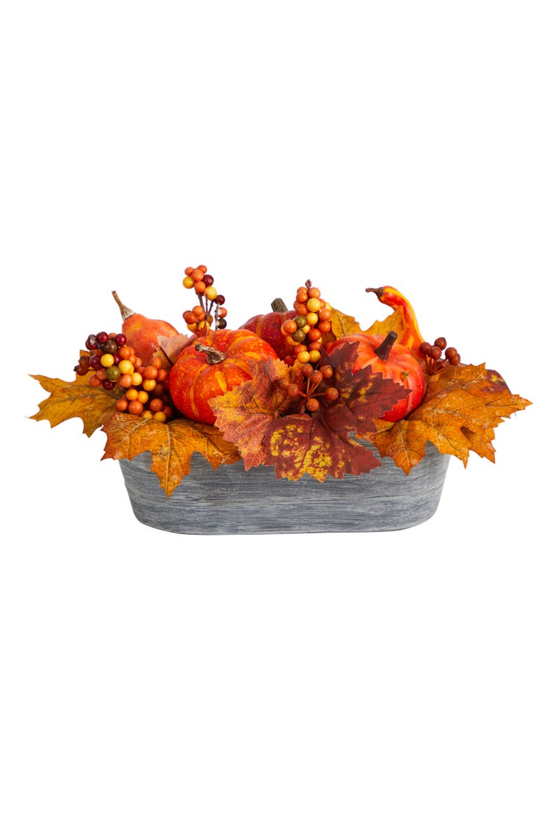 12-in Fall Pumpkin and Berries Autumn Harvest Artificial Arrangement in Washed Vase, Main, color, Orange